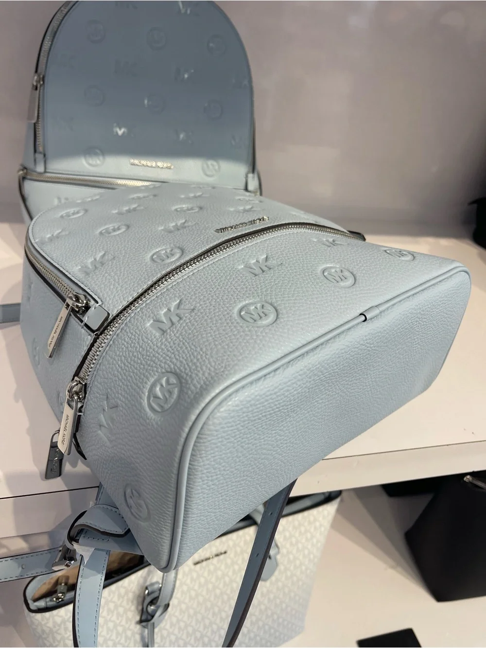 Michael Kors Rhea Medium Zip Logo Debossed Backpack Pale Ocean NWT